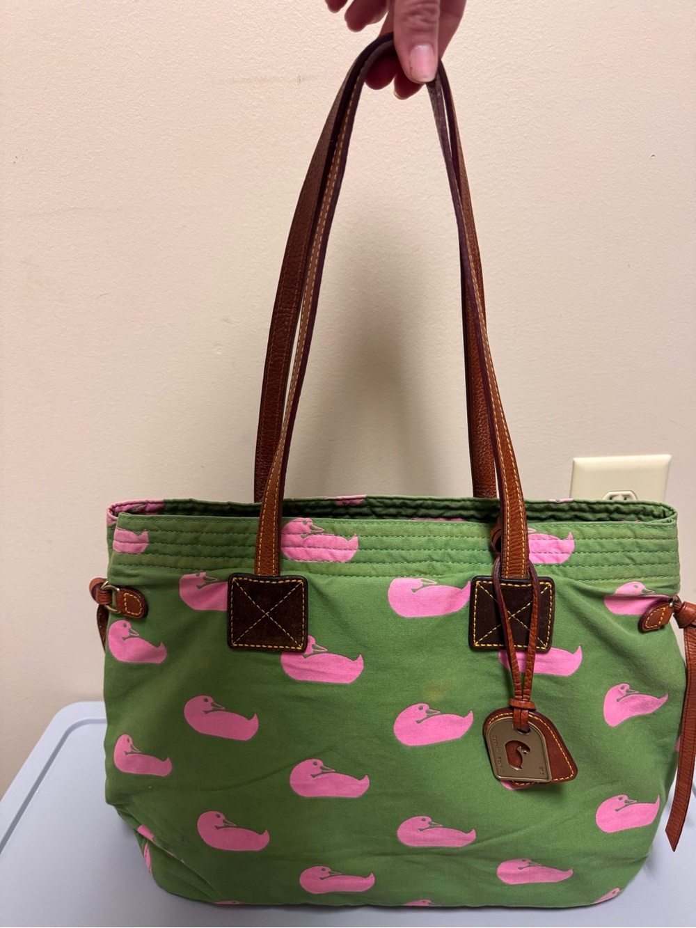 Dooney & Bourke Green Tote with Pink Duck Print and Brown Leather Trim